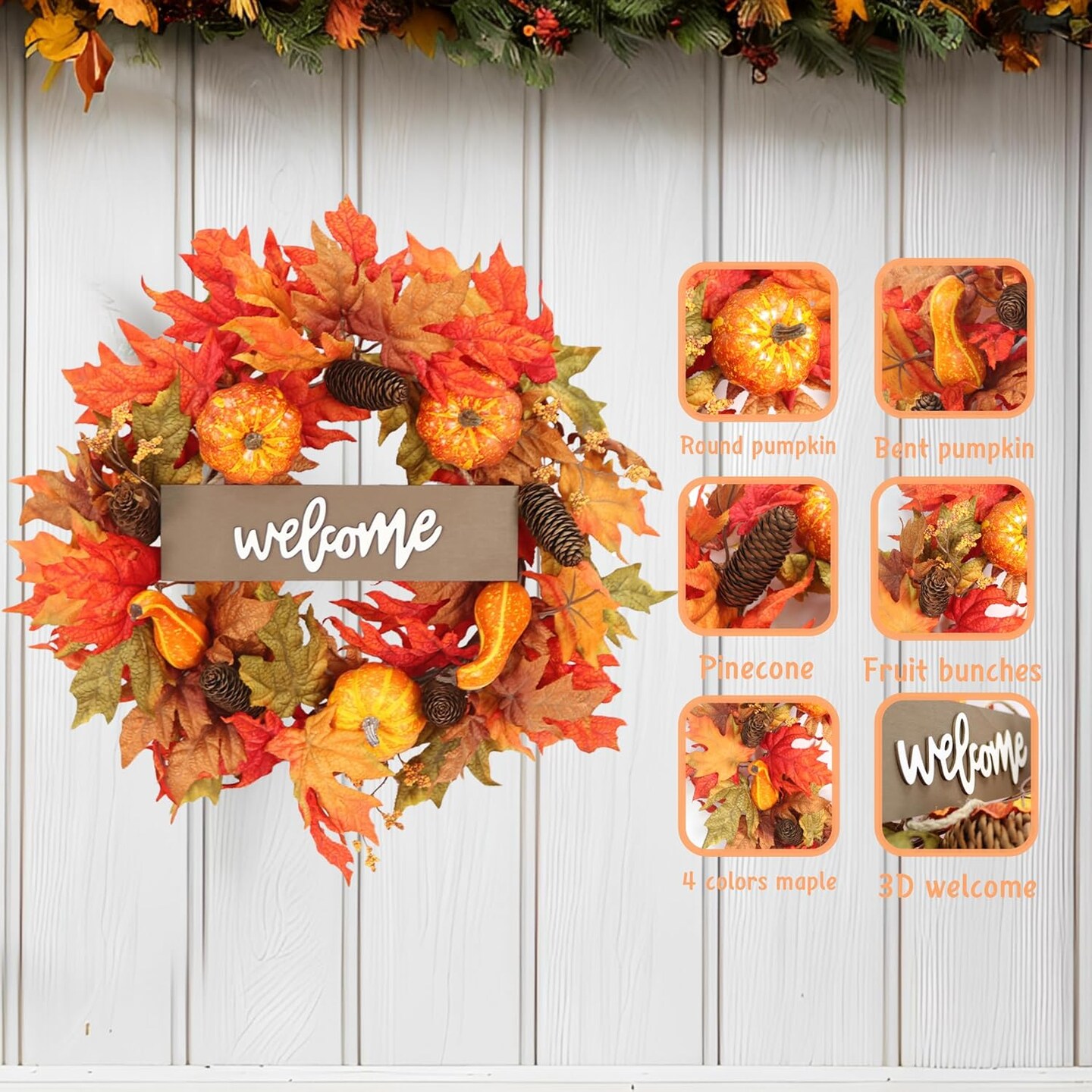 Fall Decor Autumn Maple Leaves Pumpkin Pine Cone Berries Wreath, Fall Decorations for Harvest Thanksgiving Halloween Farmhouse Home Outside Window Wall