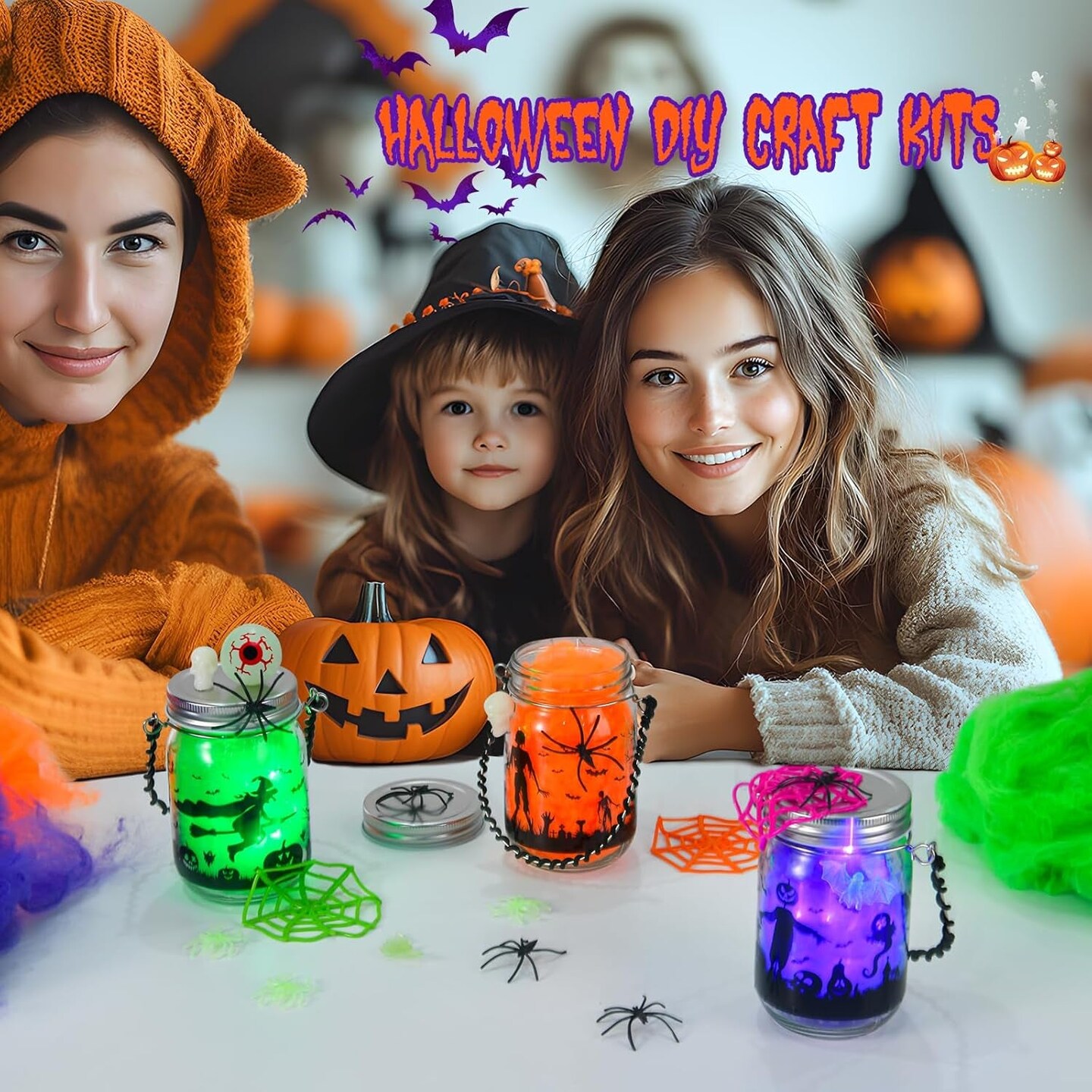 Halloween DIY Lantern Craft Kit, 3 Pack Glass Mason Jar with Accessories Halloween Crafts for Kids Adults Halloween Garden Creative Activities Halloween Decoration Art Project Gifts