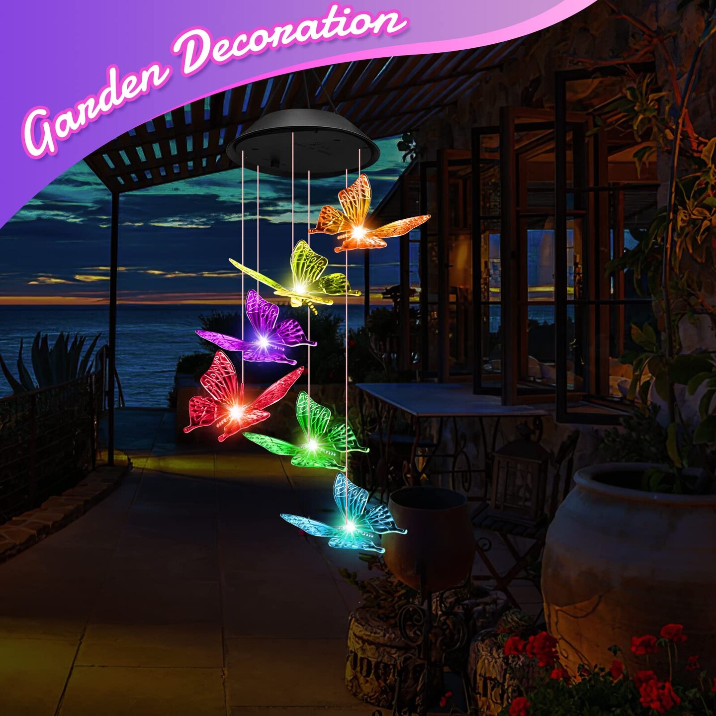 Butterfly Solar Wind Chimes for Outside Solar Lights Outdoor Decor Hanging Mobile for Garden Birthday Gifts for Women