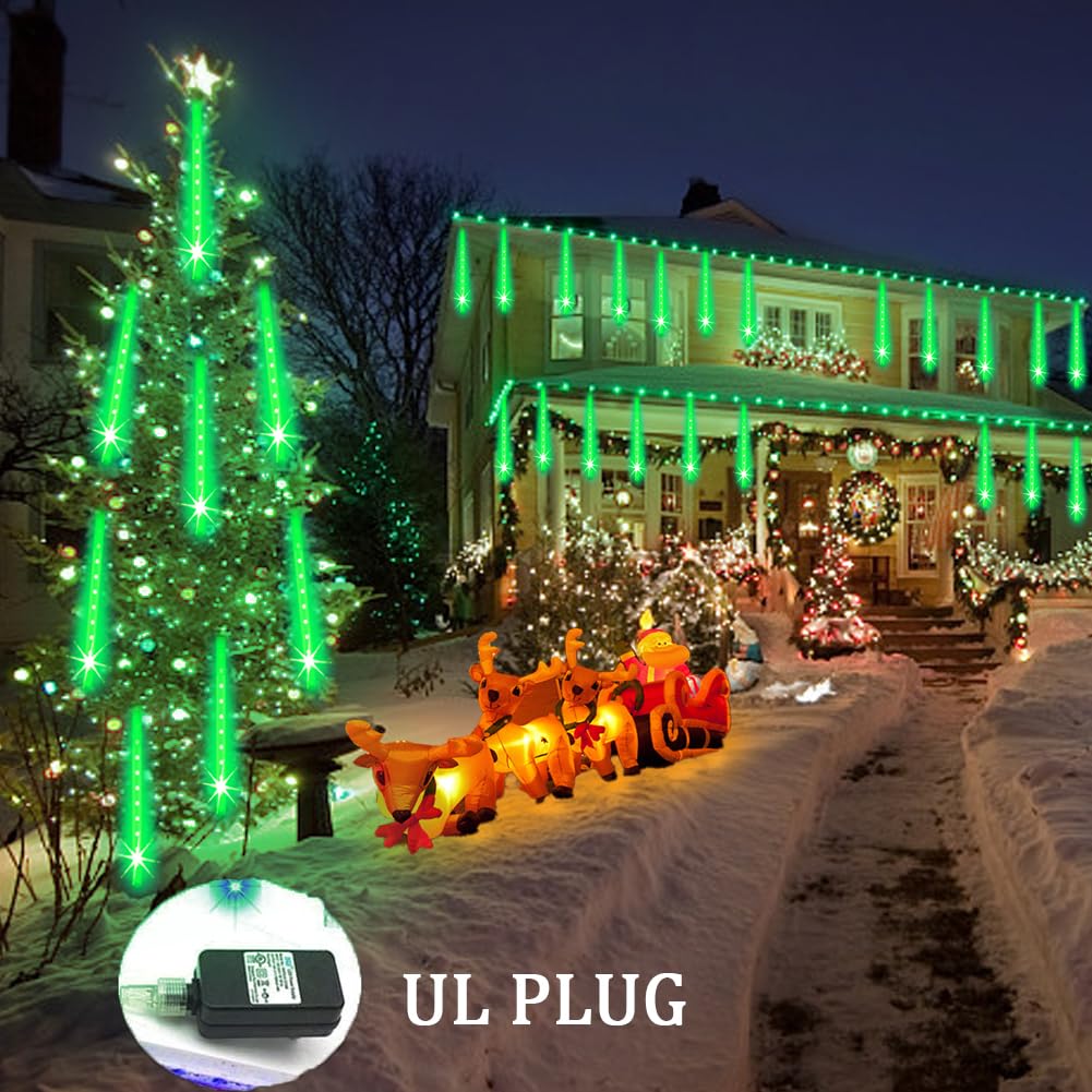 Halloween Lights Outdoor, Meteor Shower Lights Christmas Lights for Halloween Decorations, 8Tube 192LED Snow Falling Rain Icicle String Lights for Xmas Christmas Decor Tree Party,UL Plug Green