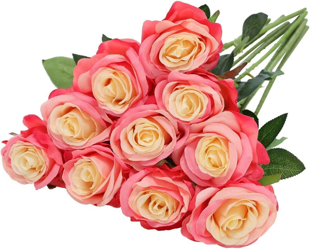Artificial Silk Rose Flower Bouquet Lifelike Fake Rose for Wedding Home Party Decoration Event Gift 10Pcs (Gradient Pink)
