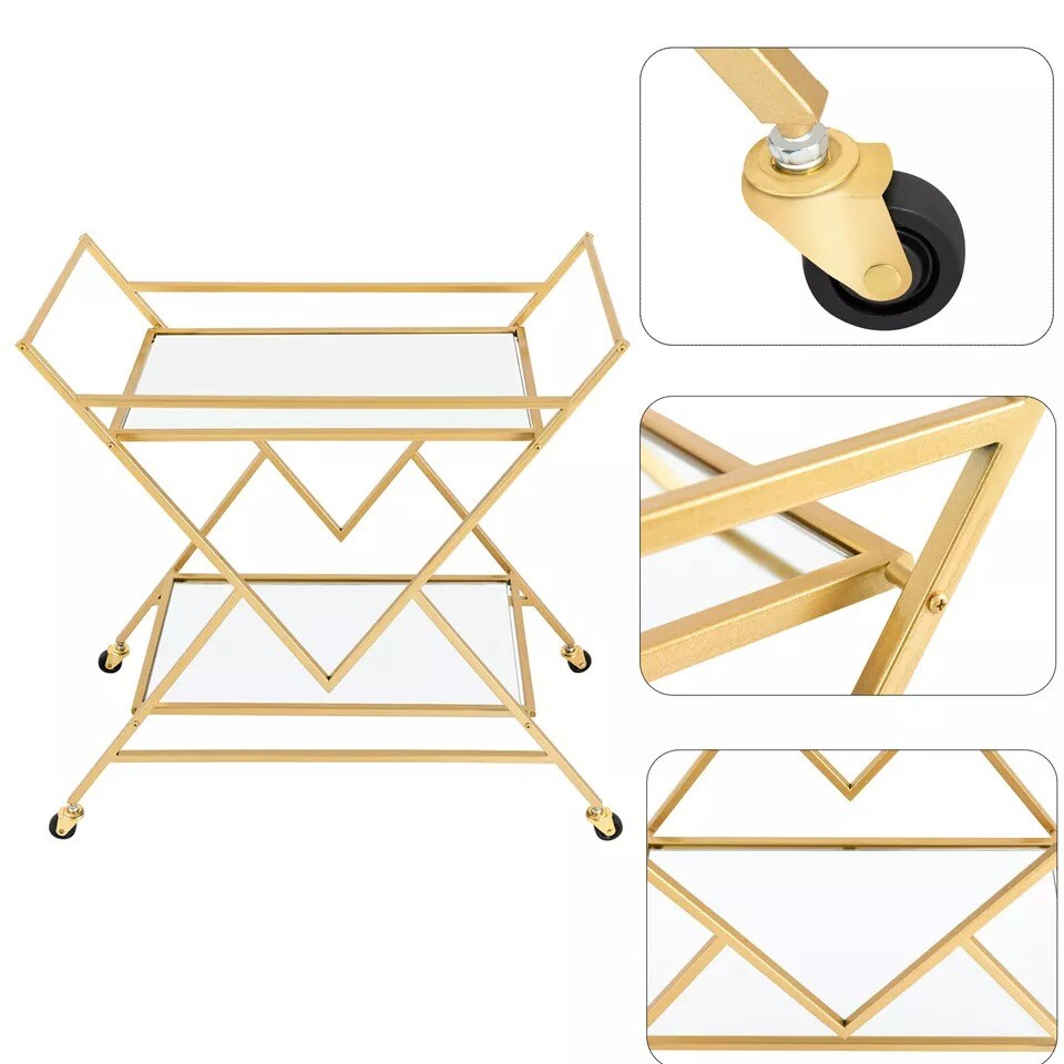 Gold Metal Bar Cart Serving Cart with Wheels 2-Tier Storage Trolley Home Kitchen