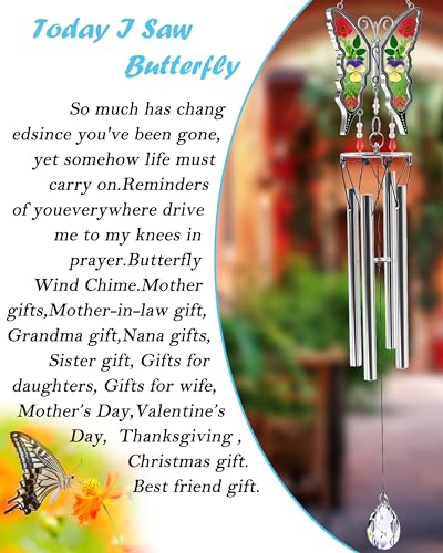 Wind Chimes Butterfly Wind Chimes for Outside Real Flower Outdoor Windchimes Gifts for mom Grandma Birthday Nana Gifts Garden Balcony Home D&#xE9;cor Wind Chimes with S Hook Memorial Wind Chimes