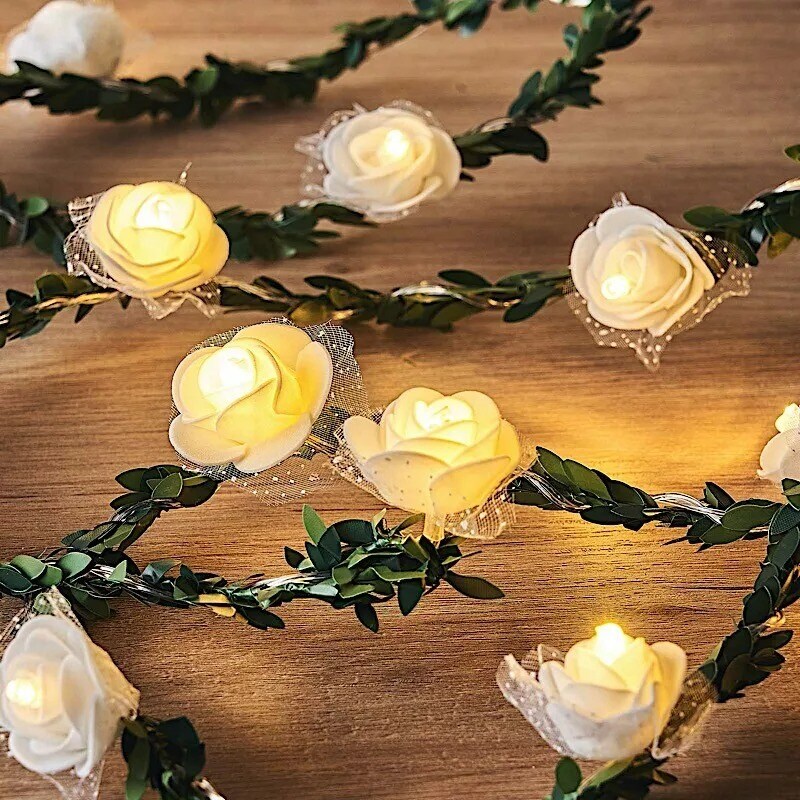 9 feet White Roses Greenery Lace LED GARLAND Battery Operated Fairy Lights Party