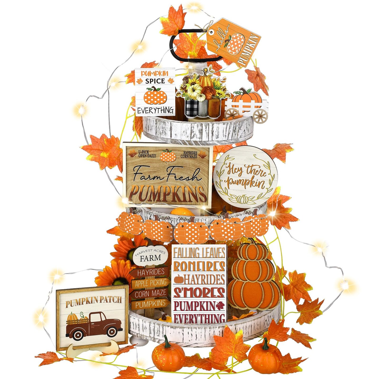 14 Pieces Fall Tiered Tray Decor Fall Pumpkin Wooden Decorations Set Rustic Farmhouse Truck Spice Blocks Autumn Wooden Sign for Thanksgiving Fall Winter Halloween