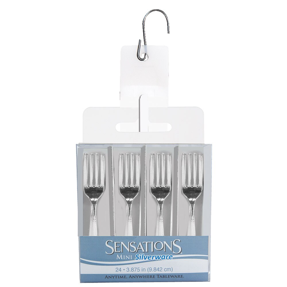 Party Central Club Pack of 24 Metallic Silver Mini Classic Disposable Forks with Clip Strip 3.8&#x22;