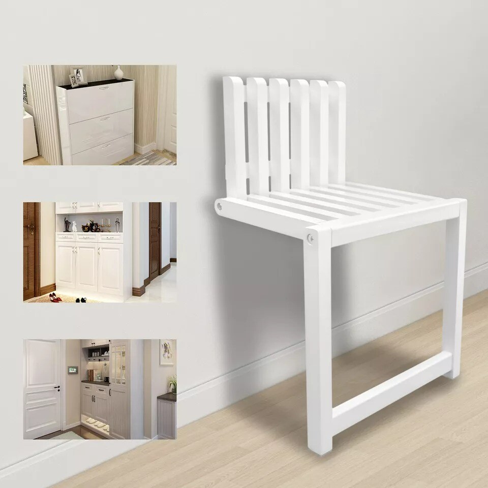 Wall Mount Wood Folding Chair Hidden Footstool Entryway Seat Bench Bathroom