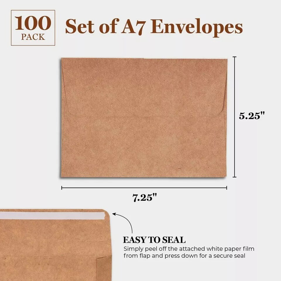 100 Pack A7 Brown Envelopes for 5x7 Cards, Self-Adhesive Flap for Mailing