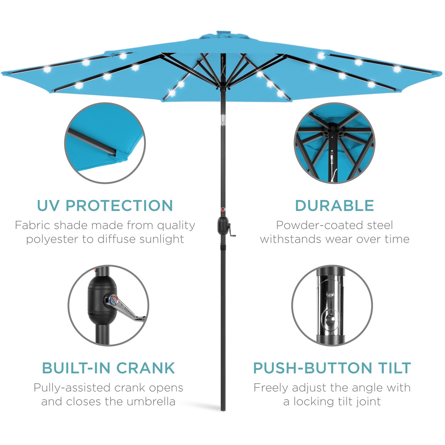 Best Choice Products 10ft Solar LED Lighted Patio Umbrella w/ Tilt Adjustment, UV-Resistant Fabric