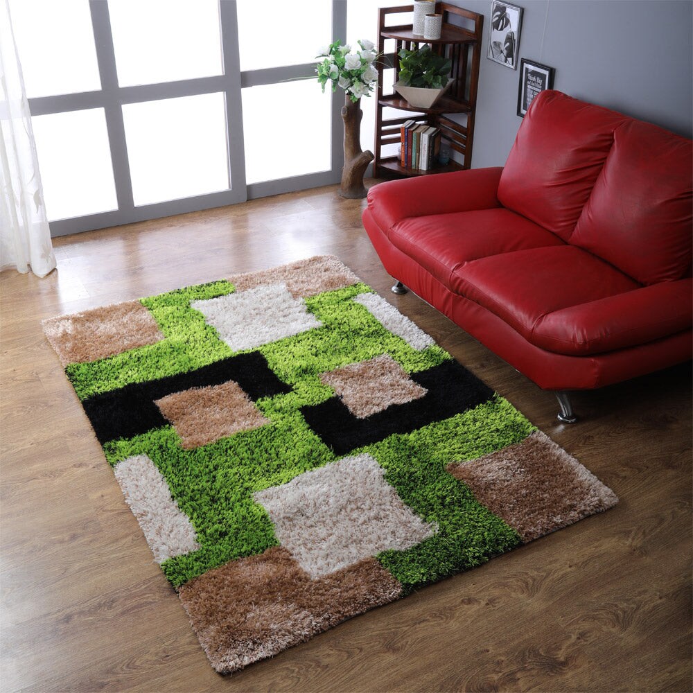 Rugsotic Hand Tufted Shag Area Rug Green Beige Geometric Polyester K00012 5X7