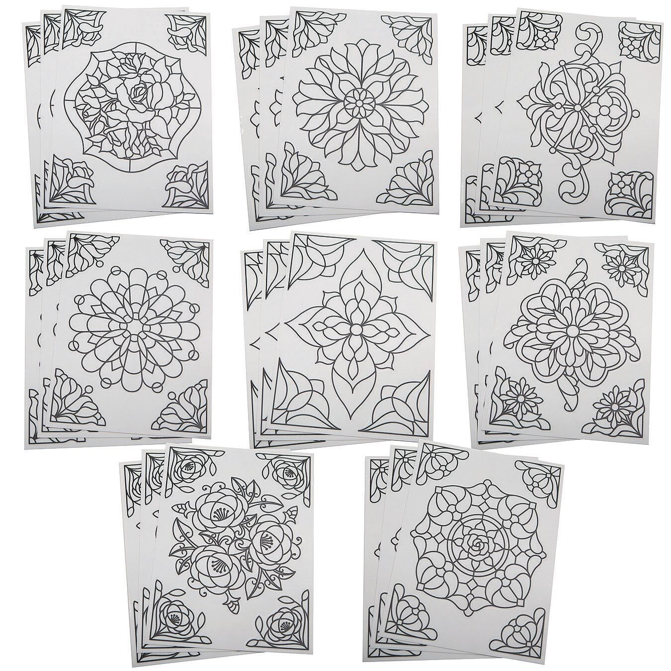 S&S Worldwide Color-Your-Own Stained Glass Window Clings. Use markers, or glass stain. No-Adhesive Static Cling, Repositionable, Raised Lines, 3 ea of 8 designs. Center approx. 7" to 8". Pack of 24.