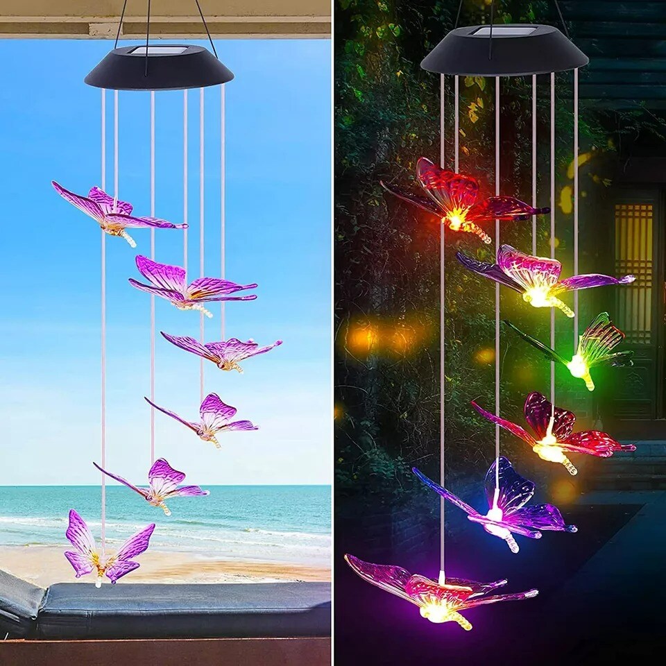Solar Color Changing LED Butterfly Hanging Wind Chimes Home Garden Decor Light