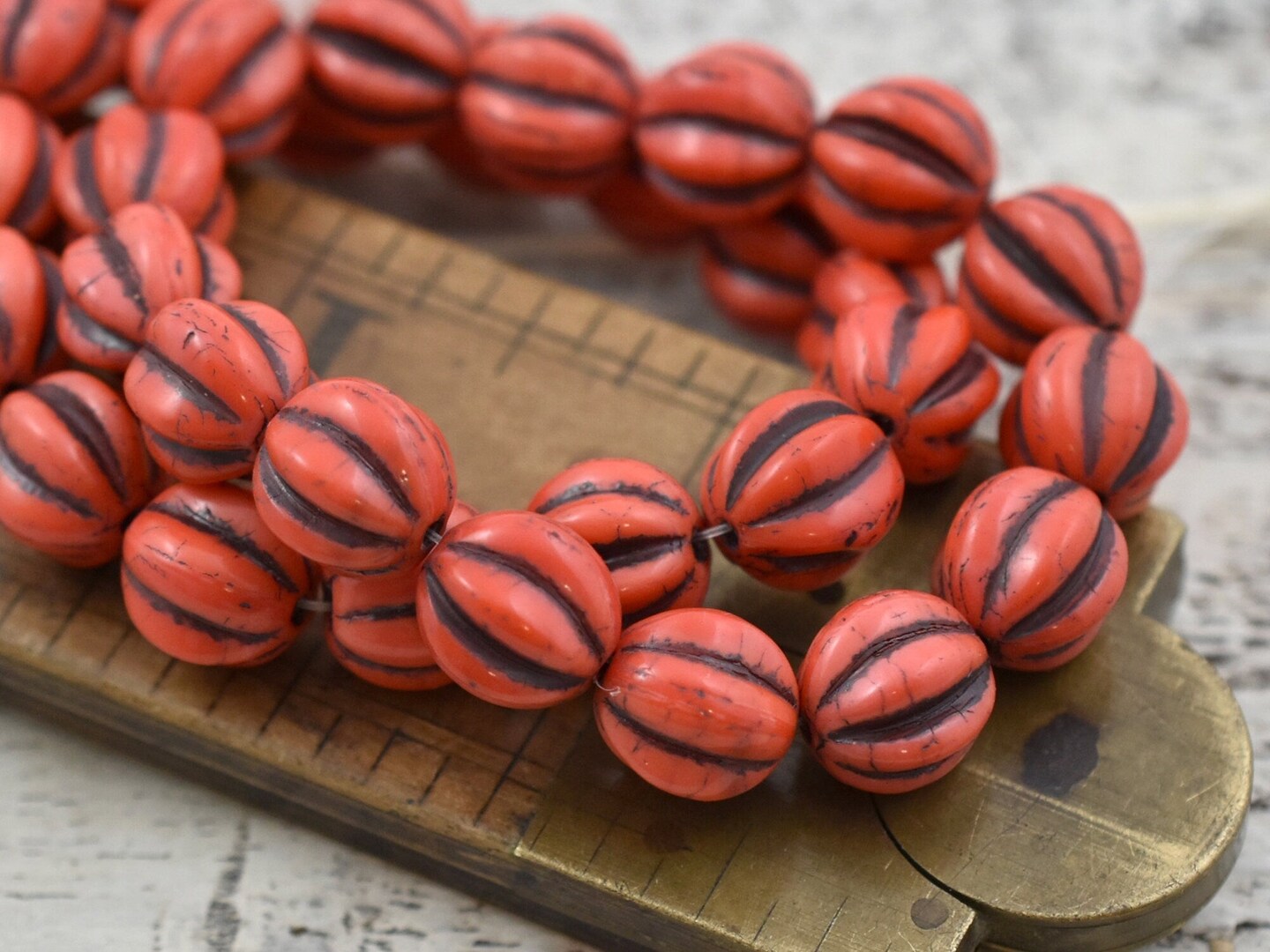 Brown Washed Coral Orange Round Melon Beads