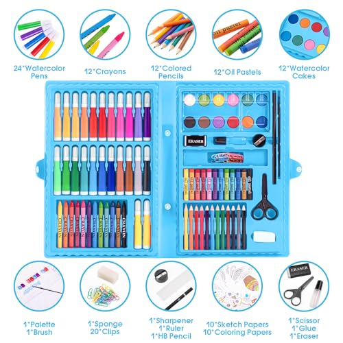 Art Kit, Drawing Painting Art Supplies for Kids Girls Boys Teens, Gifts Art Set Case Includes Oil Pastels, Crayons, Colored Pencils, Watercolor Cakes (Blue)