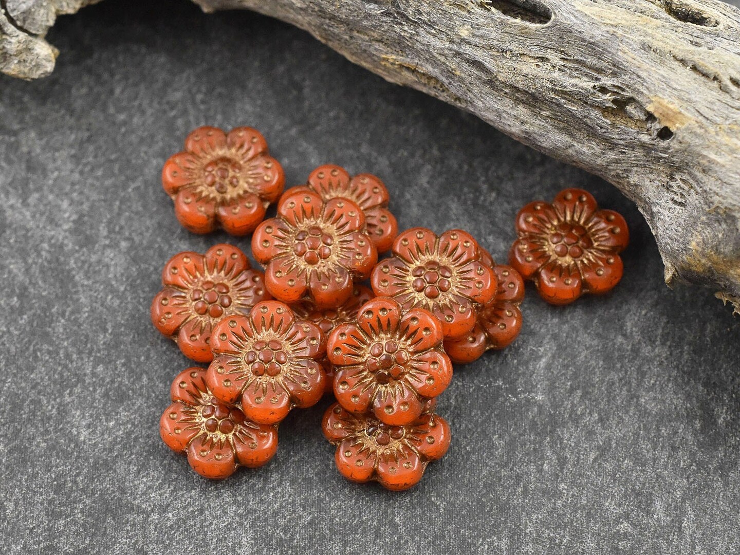 *12* 14mm Dark Bronze Washed Orange Opaline Wildflower Beads
