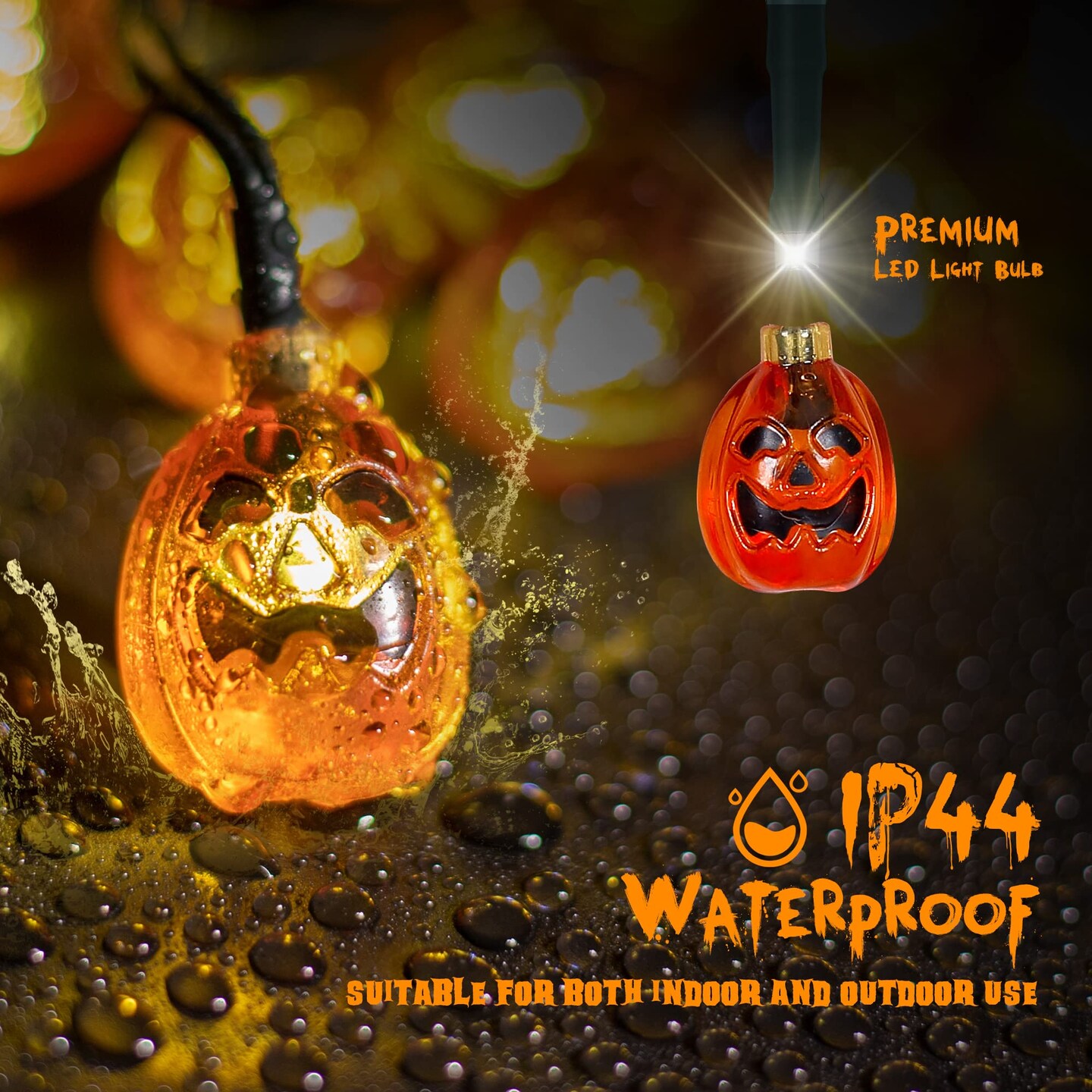 2 Pack Solar Powered Halloween Pumpkin String Lights, 20ft, 30 LEDs, 8 Lighting Models, Waterproof, Indoor/Outdoor Use