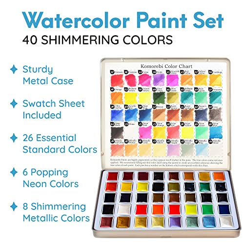 Premium Japanese Watercolor Paint Set – 40 Rich Water Color –Include Solid, Metallic & Neon Water Colors – Artist Quality– Watercolor Paint Perfect Travel Watercolor Set for Adults, Students