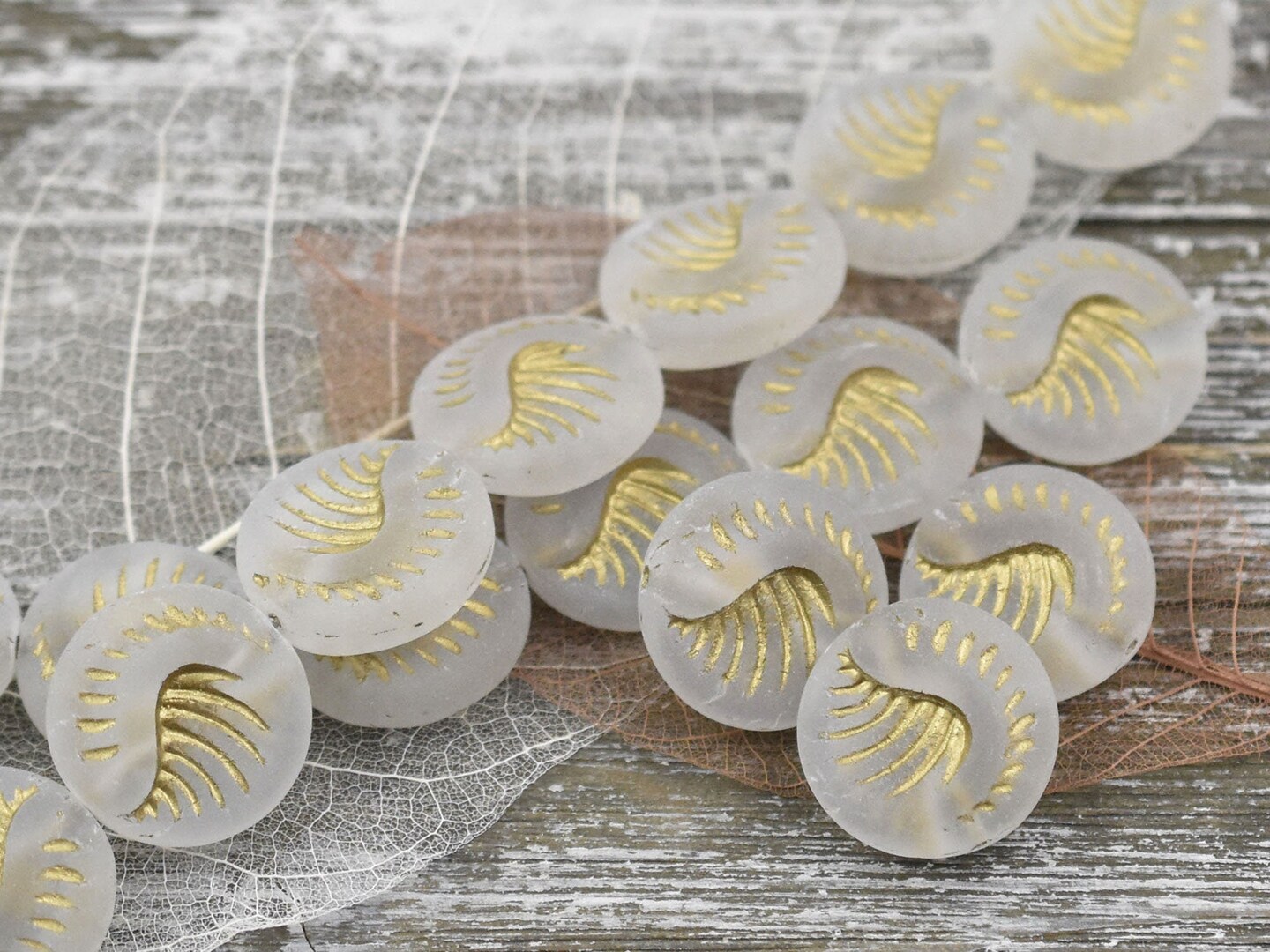 *6* 19mm Gold Washed Matted Crystal Fossil Coin Beads