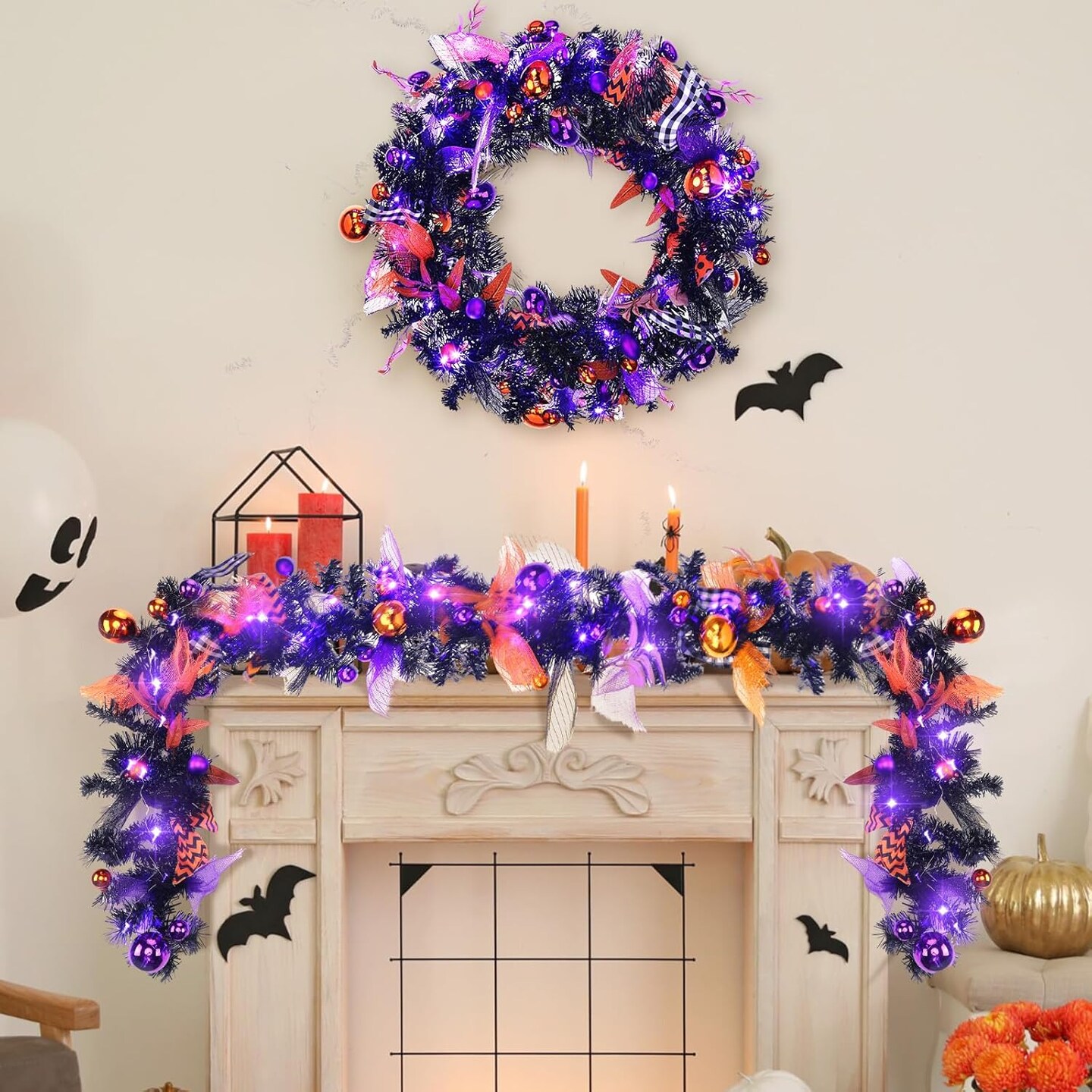 LED Mixed Ball Garland Hanging Rustic Halloween Garland String for Mantel Kitchen Fireplace Wall Window Home Indoor Outdoor Halloween Decor