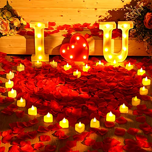 6000 Pieces Artificial Rose Petal with 72 Pieces Romantic Heart Led Candle Flameless Love Led Tealight Candle for Valentine&#x27;s Day Romantic Night Anniversary Table Decor (Warm White Light)