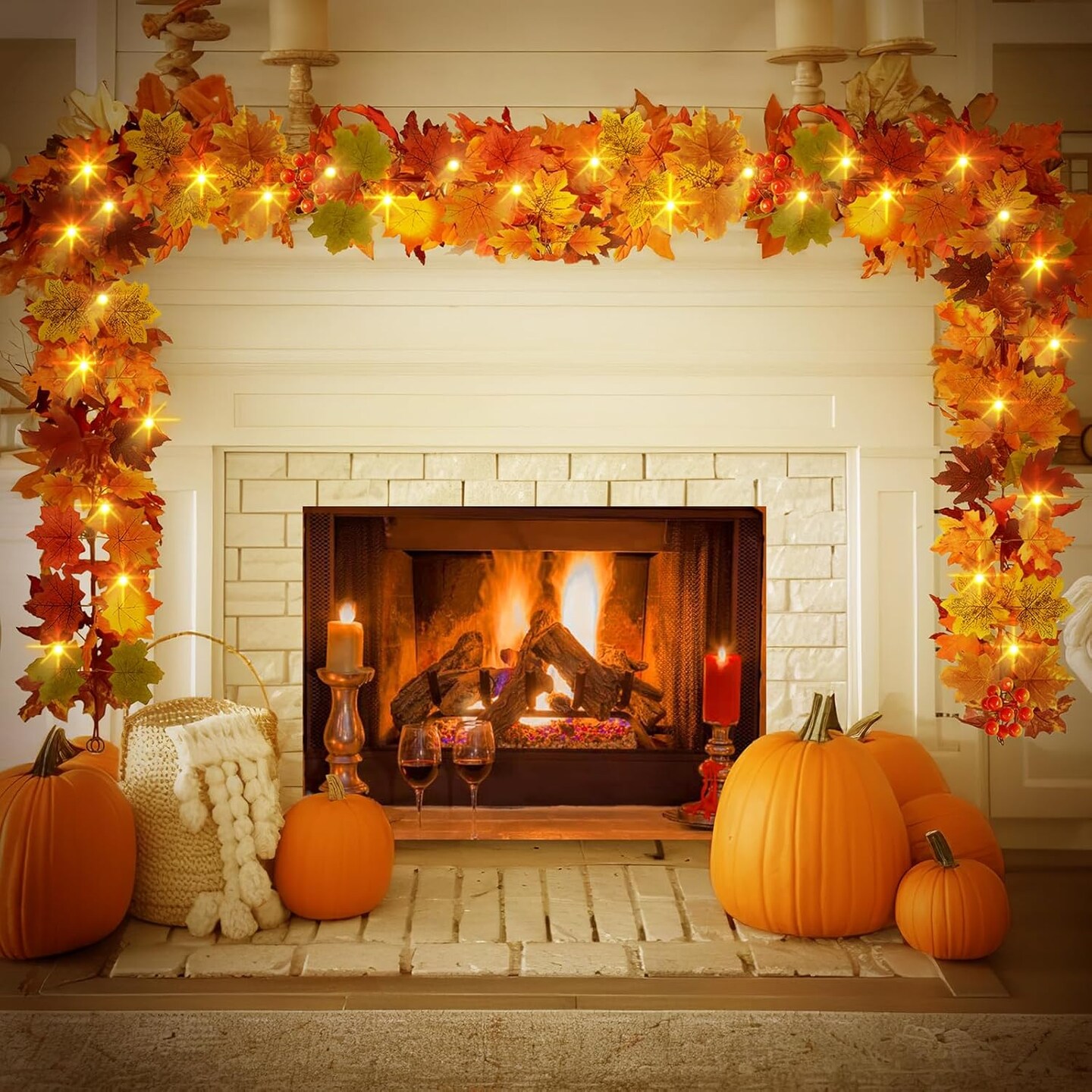 Remote, 50 LED Battery Operated Fall Garlands Decor, Autumn Maple Leaf Lights for Home Halloween Thanksgiving Garland Indoor Outdoor Decoration