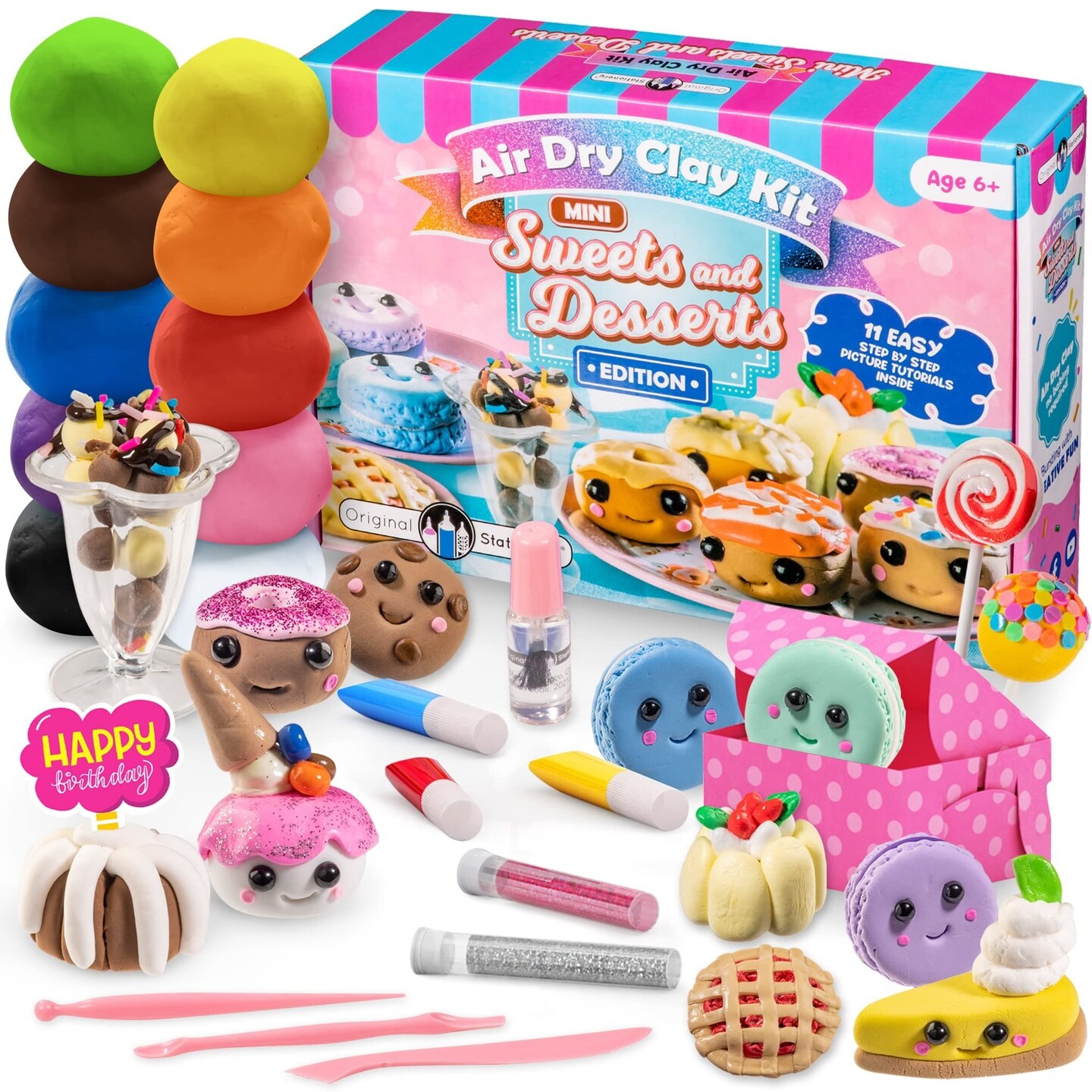 Original Stationery Mini Sweets &#x26; Desserts Air Dry Clay Kit, 10 Vibrant Colors of Air Dry Clay for Kids and Over 30 Pieces in This DIY kit to Make Miniature Clay Food with Modeling Clay for Sculpting