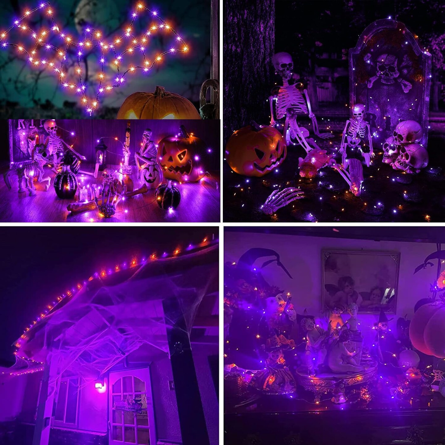 2 Pieces Orange Purple Halloween Solar String Lights Total 100ft 300LED 8 Modes Solar Fairy Lights, Waterproof Lights Black Wire for Halloween Decorations