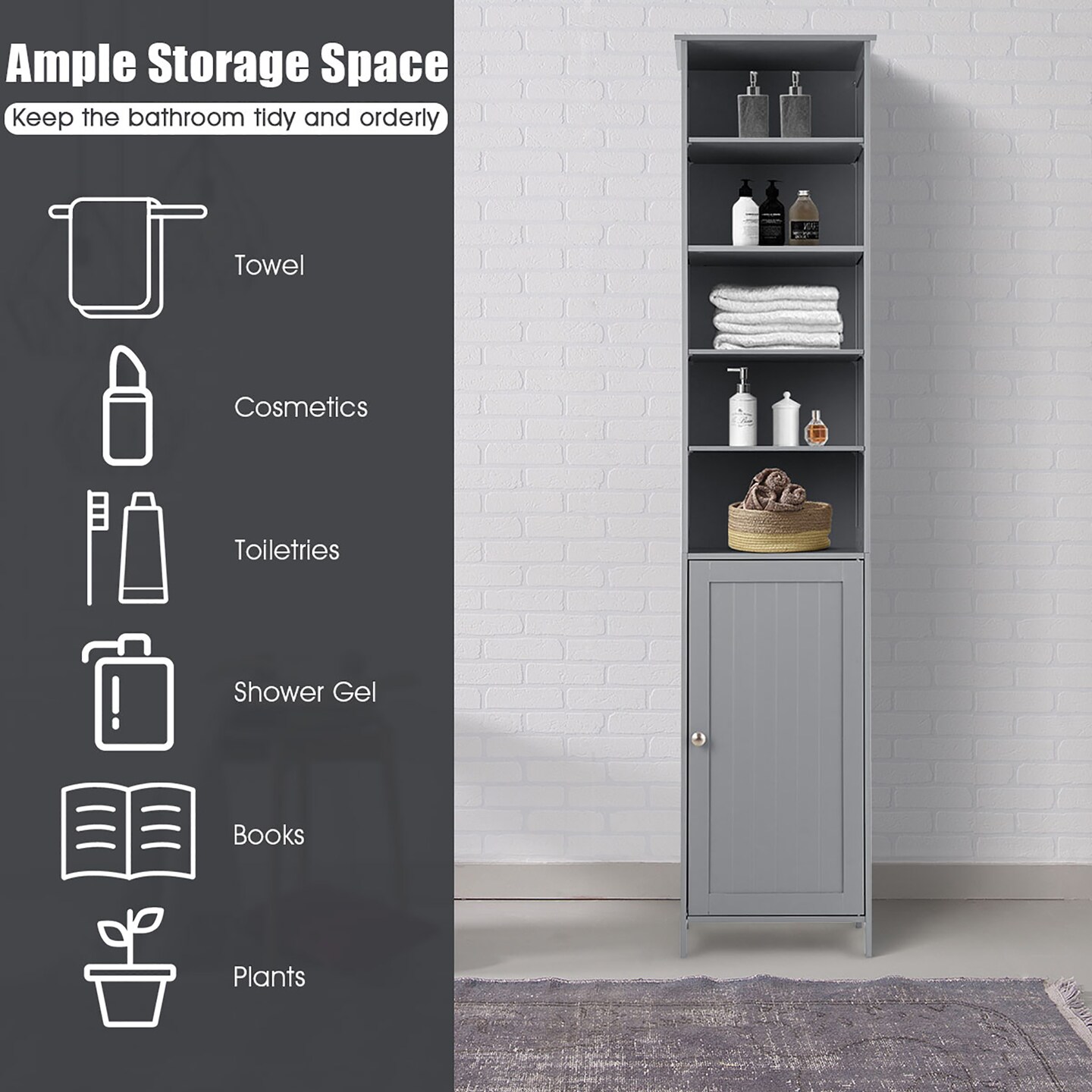 Costway 72''H Bathroom Tall Floor Storage Cabinet Shelving Display Grey\White