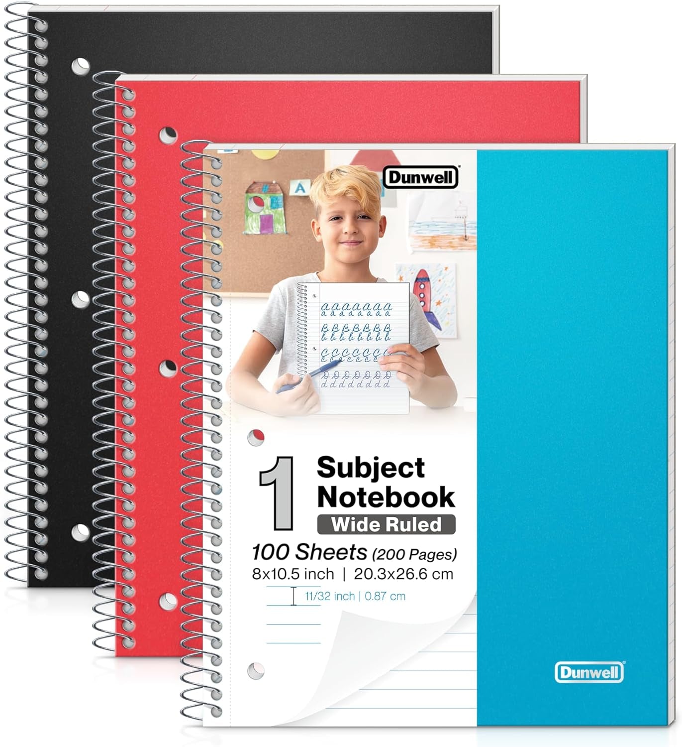 1 Subject Wide Ruled Spiral Notebooks, (3-Pack, Red Blue Black) Plastic Cover Notebooks, 100 Sheets, 8X10.5 Wide Rule Notebook for School, Kids, Perforated Pages, 3 Single Subject Notebooks
