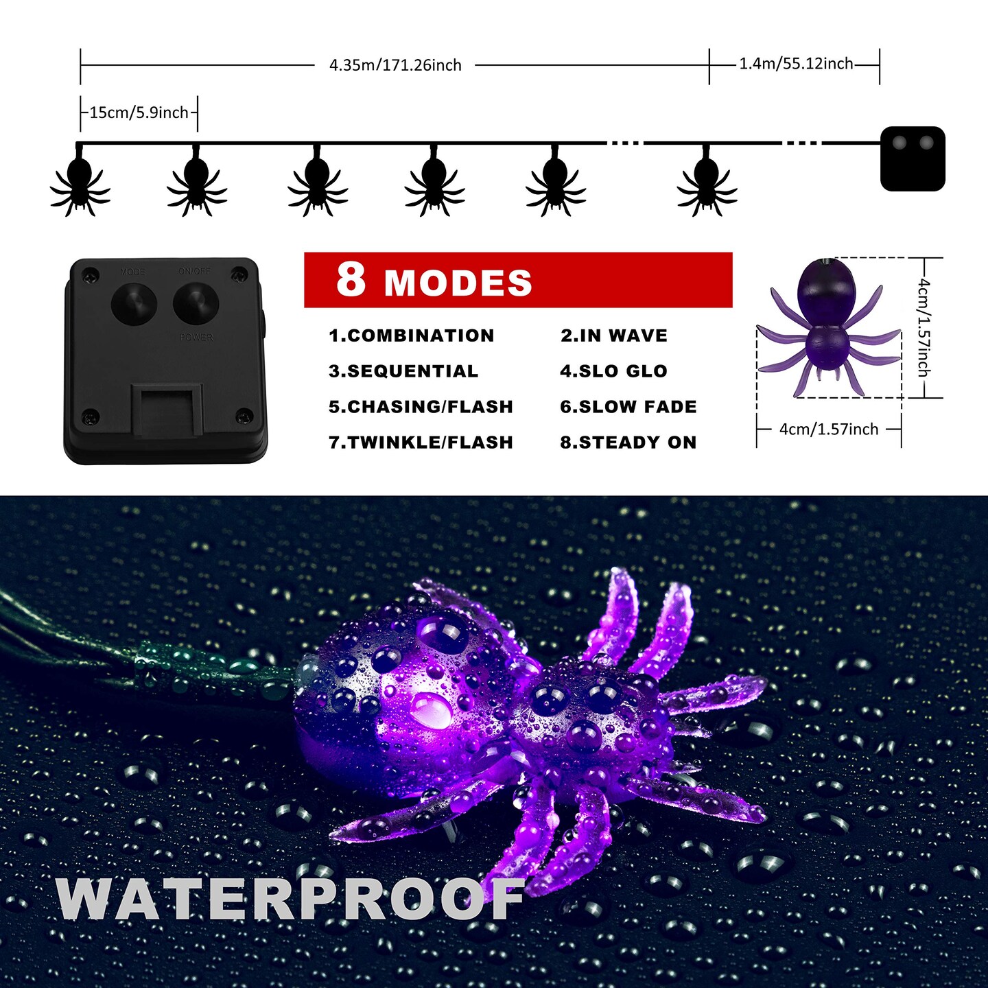 2Pack 30 LED 20ft Purple Spider Lights with 8 Modes Waterproof Fairy Lighting for Halloween Party Decor, House, Garden, Yard Decoration