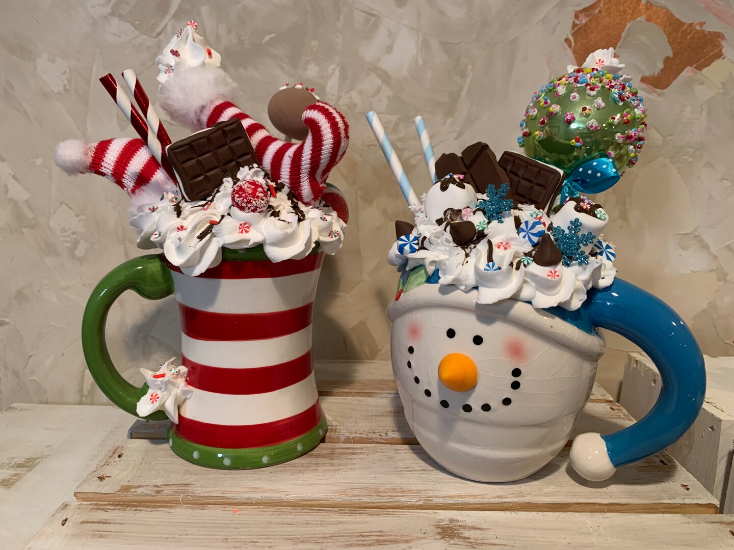 Christmas Faux Whipped Cream Hot Cocoa or Coffee Mugs, Peppermint
