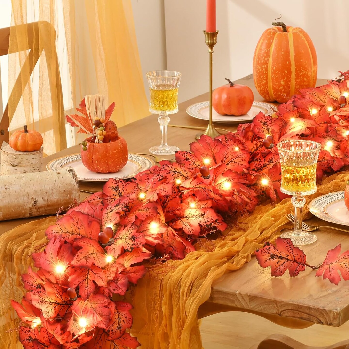 5.9 FT Fall Leaves Garland with Lights Leaves Acorns, Upgrade Autumn Garland for Front Door Home Porch Fireplace Indoor/Outdoor Thanksgiving Decor