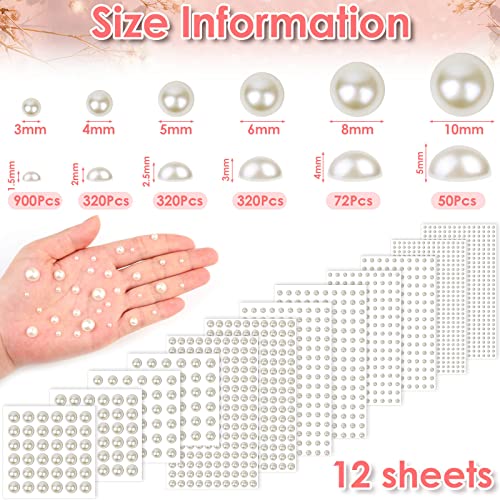 1980 Pieces Self Adhesive Pearl Stickers, Shynek Pearls Sticker Gems for Hair, Face, Makeup, Eye, Nail, Crafts, Assorted Sizes