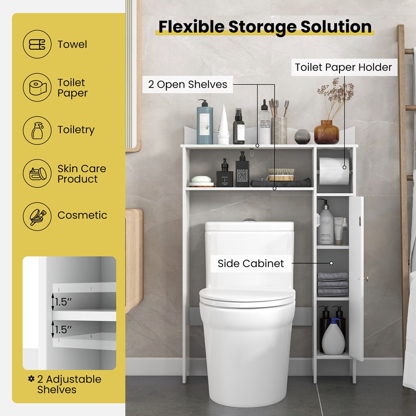 Costway Over the Toilet Storage Cabinet w/Toilet Paper Holder Adjustable Shelves White