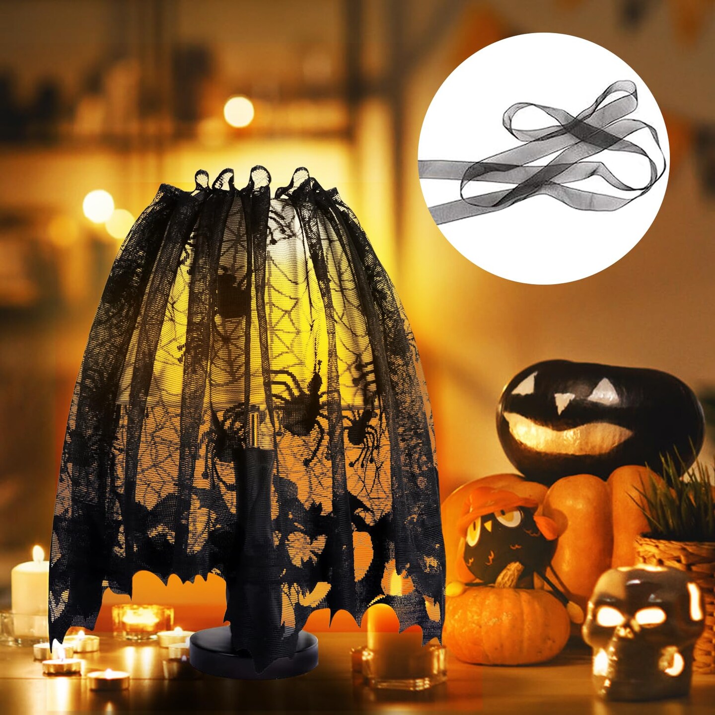 5 Pieces Halloween Decorations Indoor Halloween Decor Black Lace Table Runner Fireplace Mantel Scarf Round Tablecloth Cobweb Lampshade with 32 Pcs 3D Bat Wall Stickers