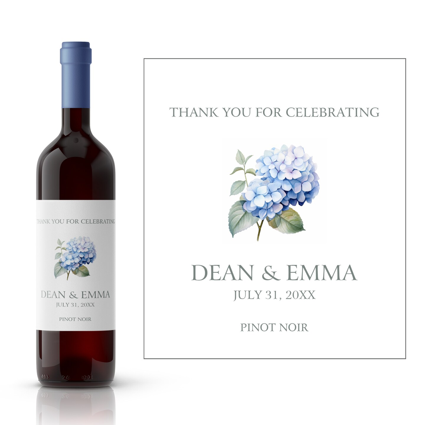 Blue Hydrangea Wedding Wine Label | Wedding Anniversary Wine Label | Custom Wine Label 374693107379699712