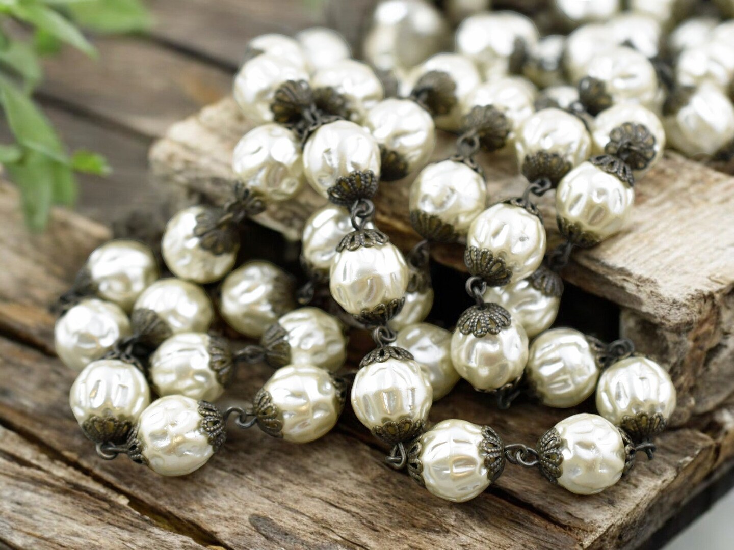 10mm Czech Glass Cream Baroque Pearl Chain with Bronze Caps -- Sold By The Foot