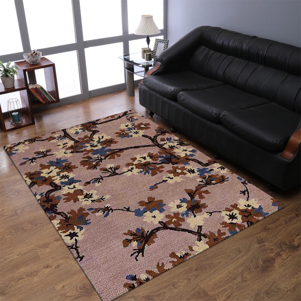Hand Tufted Wool Area Rug Beige Floral Design K00671 Eco-Friendly High Pile