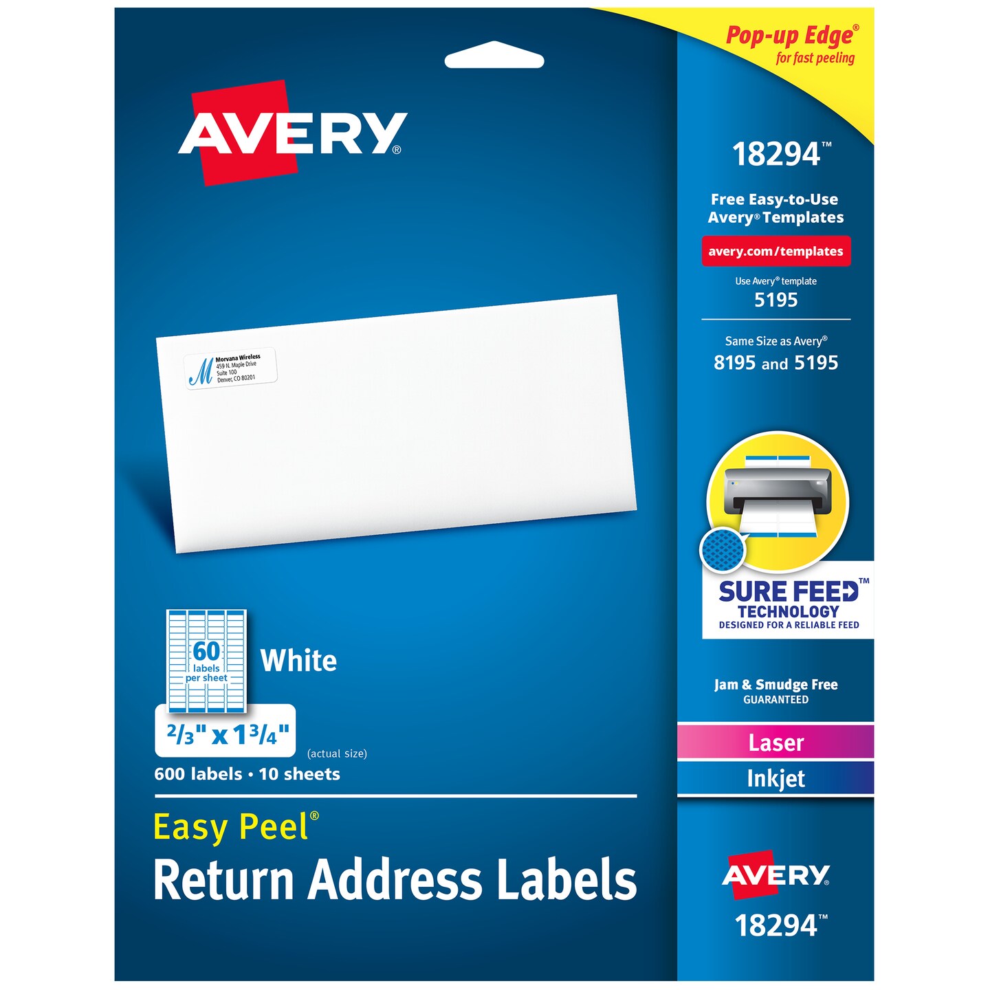 Avery Easy Peel Address Labels, Sure Feed Technology, Permanent Adhesive, 2/3&#x22; x 1-3/4&#x22;, 600 Labels (18294) - 5 Pack