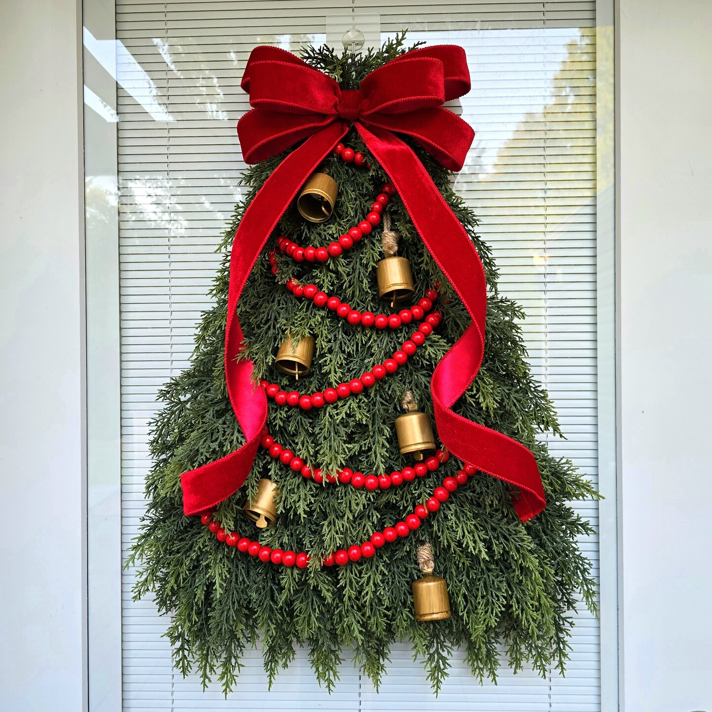 Christmas Wreath For Front Door, Double Doors, Outdoor Porch Decor, Indoor Holiday Wall Decoration, Xmas Tree Swag N Bells, Winter Home Gift