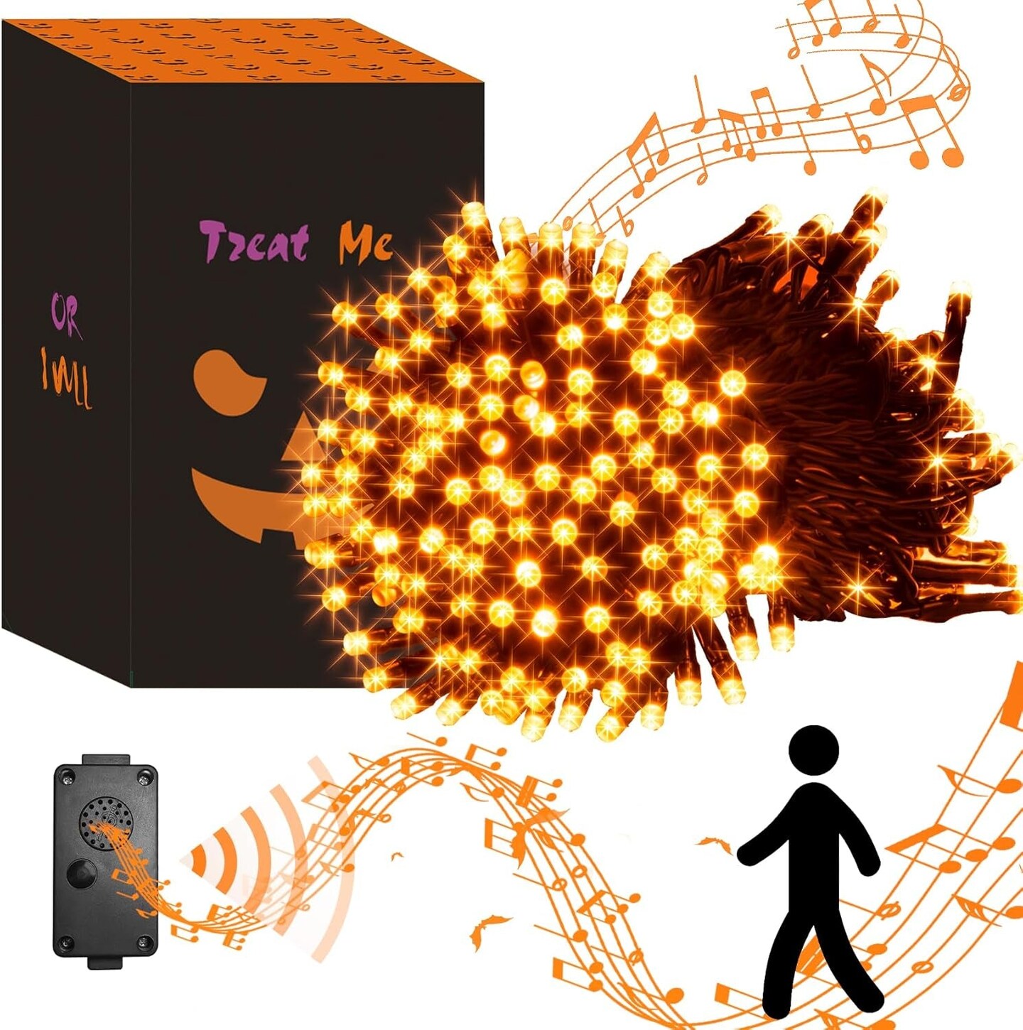 Halloween Decorations 200 LED Halloween String Lights with Spooky Music Motion Sensor Controller Twinkle Waterproof Orange String Lights Plug in for Indoor Outdoor Tree Party Yard Christmas