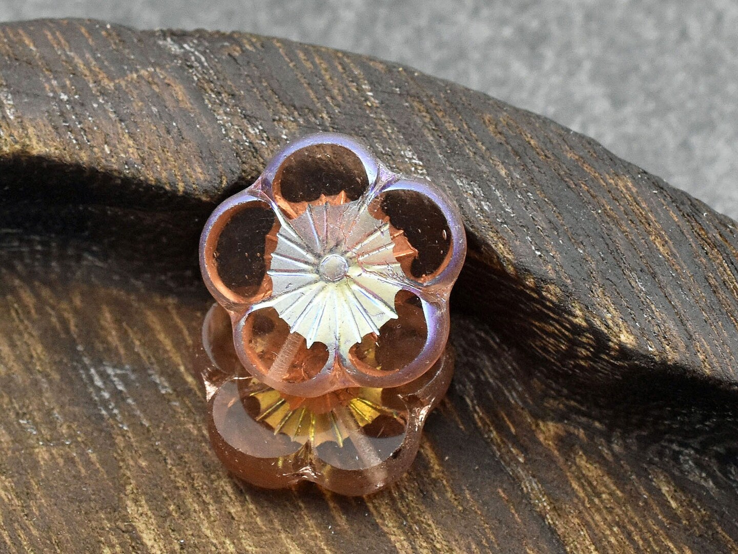 *2* 22mm Copper AB Washed Translucent Rosaline Table Cut Hawaiian Flower Beads