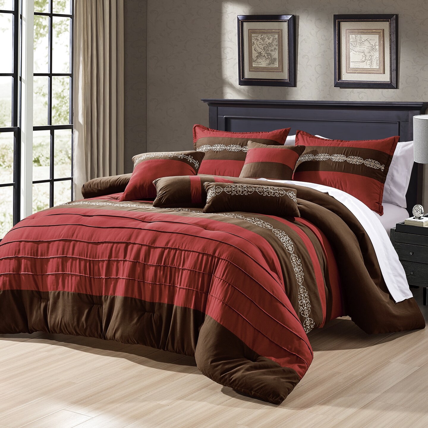 7 Piece Burgundy &#x26; Brown Queen Comforter Set Embroidered Design
