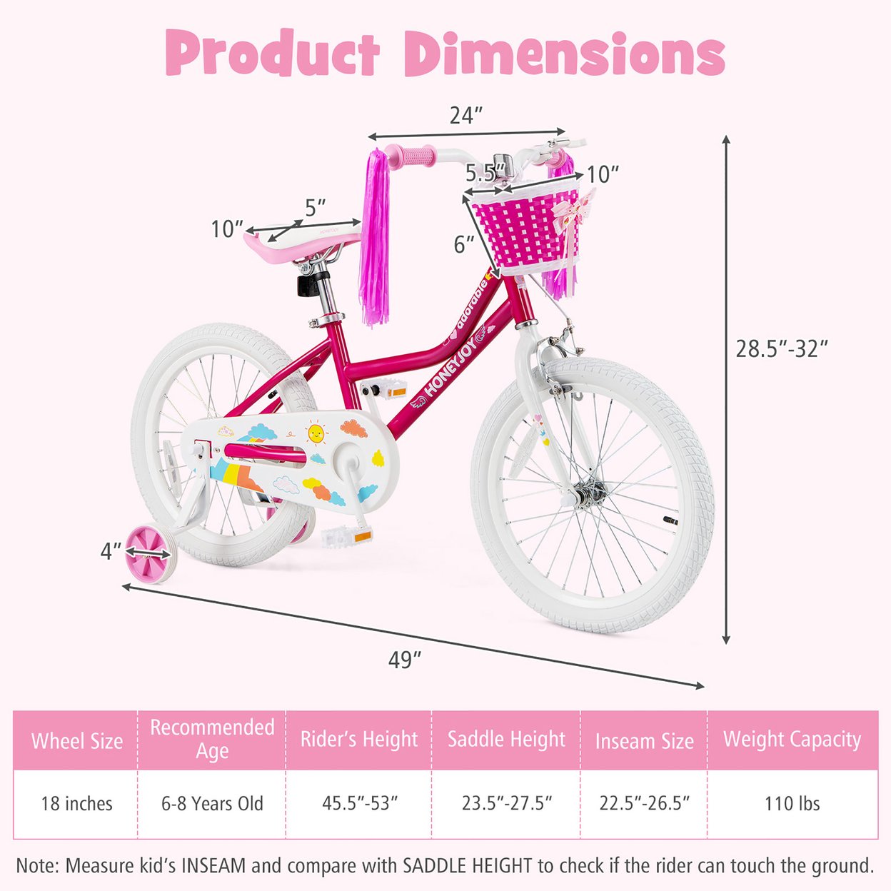18 Inch Kids Bike Childrens Bicycle W/ Removable Training Wheels Adjustable Seat