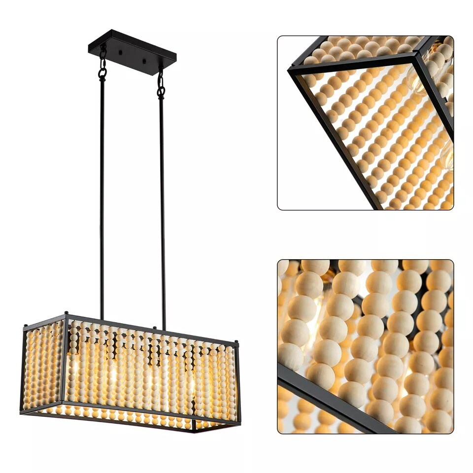 4-Lights Boho Style Wood Bead Chandelier Pendant Light Hanging Lamp Fixture E26