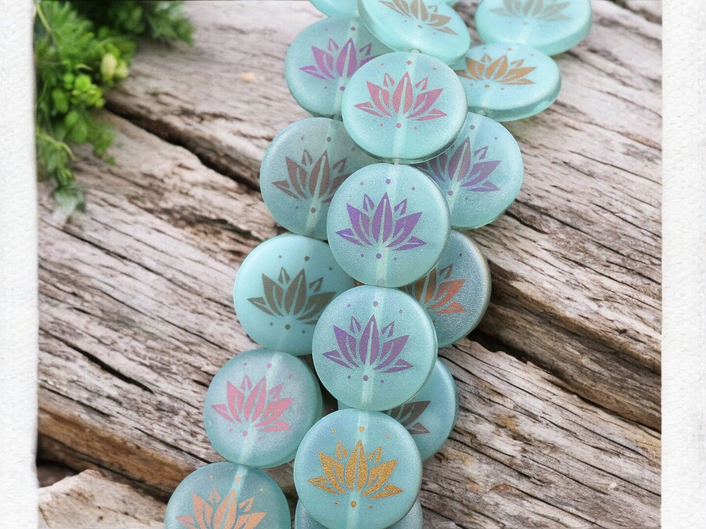 *8* 17mm Satin Matte Aqua Opaline Sliperit Laser Etched Lotus Coin Beads