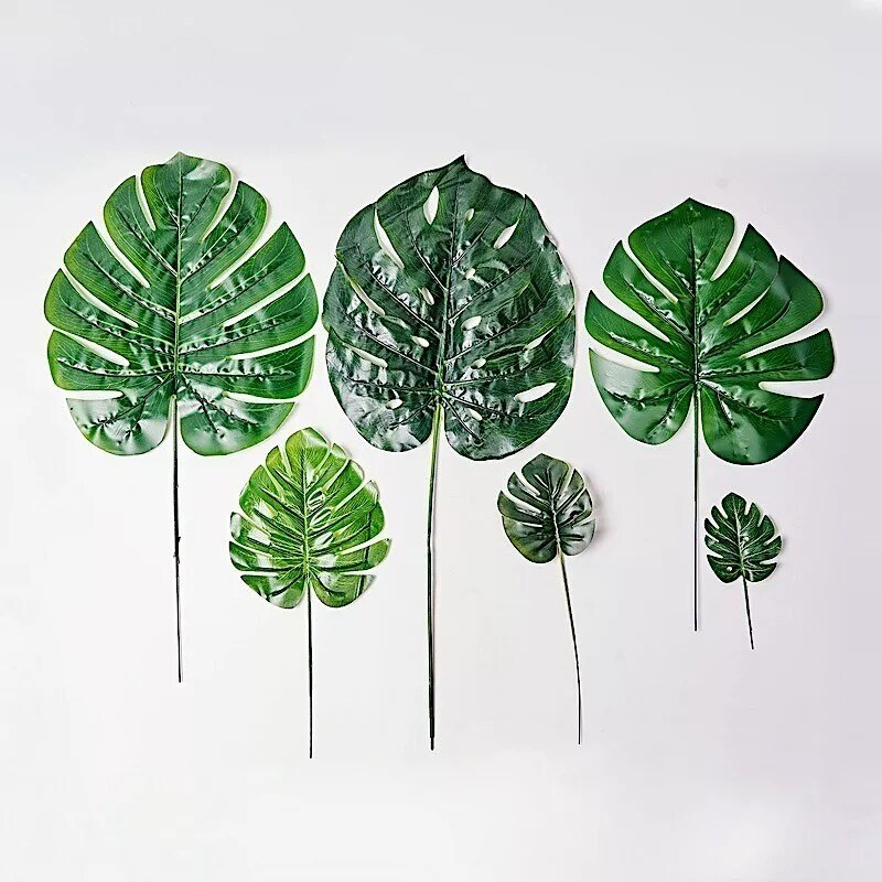 6 Green Monstera ARTIFICIAL LEAVES Tropical Greenery Stem Wedding Party Supplies