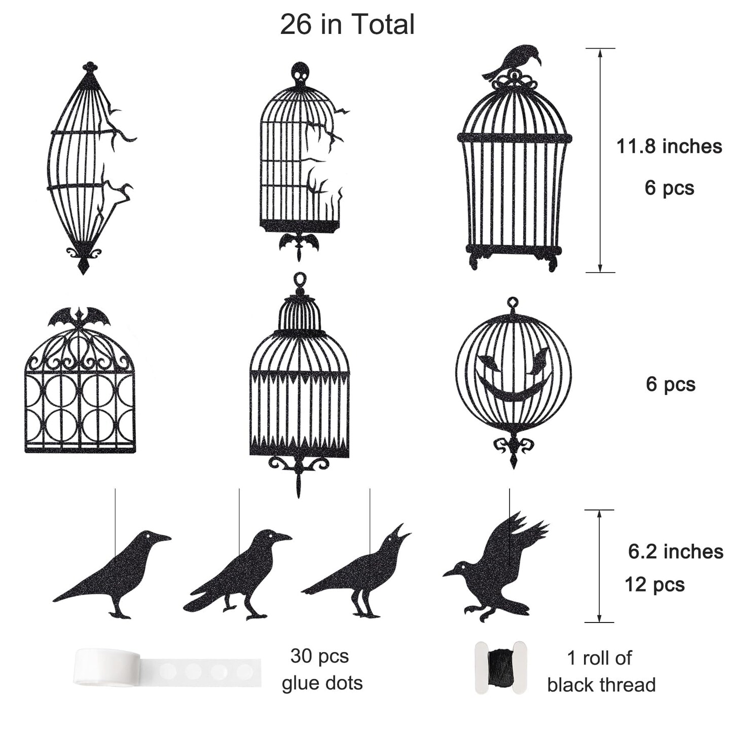Black Crow &#x26; Cage Garland for Gothic Glitter Halloween Sticker Decals Tree Hanging Decorations Raven Bird and Cage Banner Garland Backdrop for Horror Theme Birthday Party Supplies