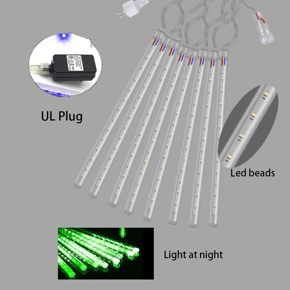 Halloween Lights Outdoor, Meteor Shower Lights Christmas Lights for Halloween Decorations, 8Tube 192LED Snow Falling Rain Icicle String Lights for Xmas Christmas Decor Tree Party,UL Plug Green