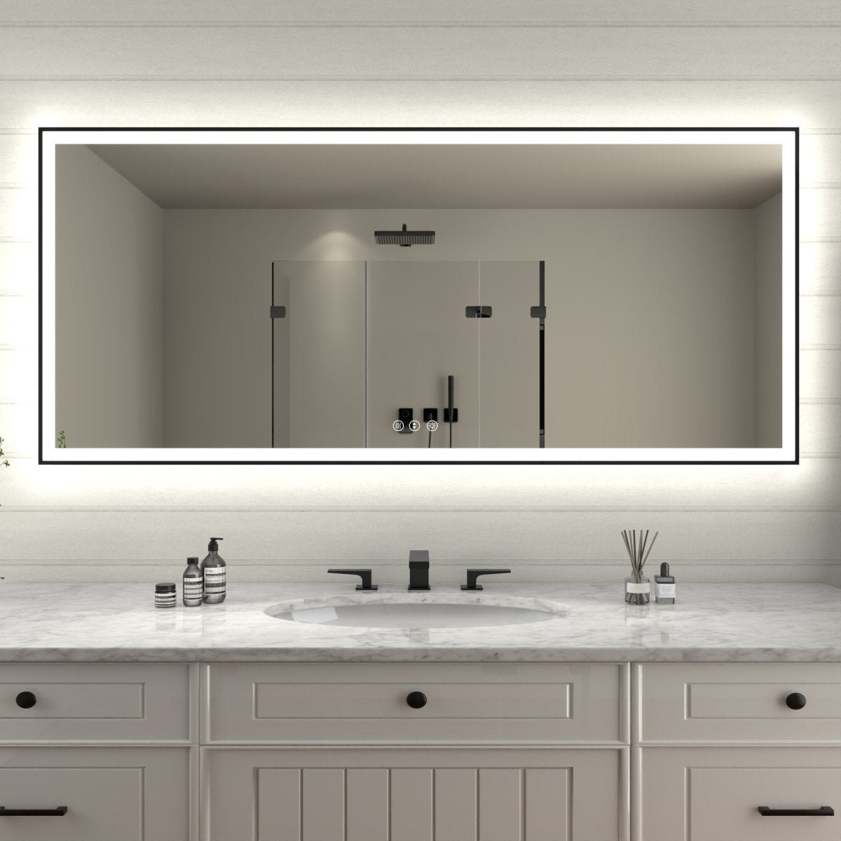 ApexNoir 72X32 Framed Led Lighted Bathroom Mirror Matte Black AntiFog